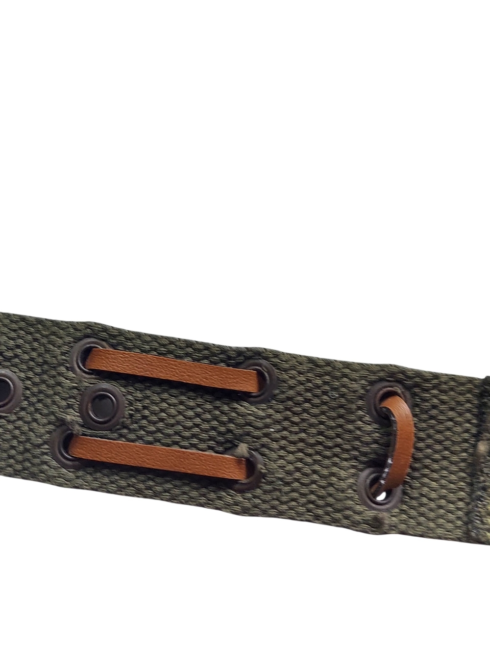 Military Inspired Olive Green Web Belt Brown Faux Leather Trim Adjustable - Picture 12 of 13
